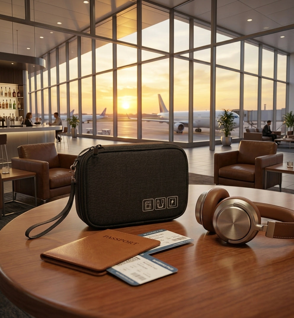 Pochette organisateur Packune prête pour un voyage avec passeport et écouteurs